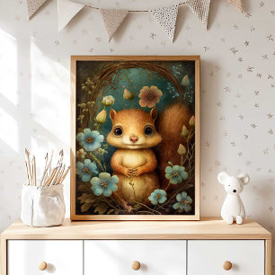 Forest Baby Squirrel Flower   Squirrel Wall Print