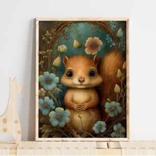 Forest Baby Squirrel Flower   Squirrel Wall Print