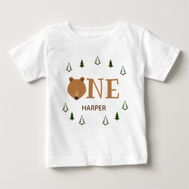 Forest Bear One Name First Birthday Baby T-Shirt (Front)