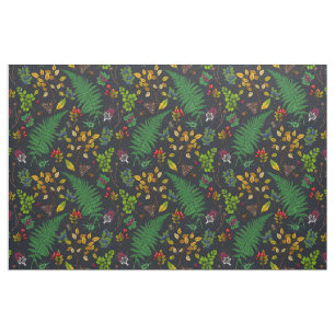 Forest berries, leaves and bugs on graphite black fabric