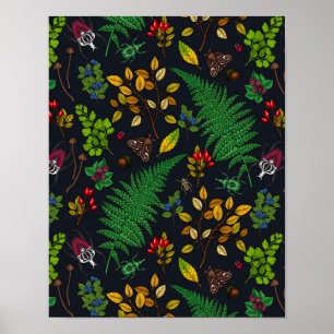 Forest berries, leaves and bugs on graphite black poster