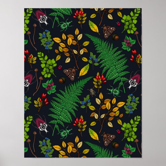 Forest berries, leaves and bugs on graphite black poster (Front)