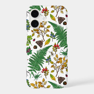 Forest berries, leaves and bugs on white
