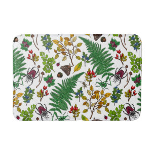 Forest berries, leaves and bugs on white bath mat