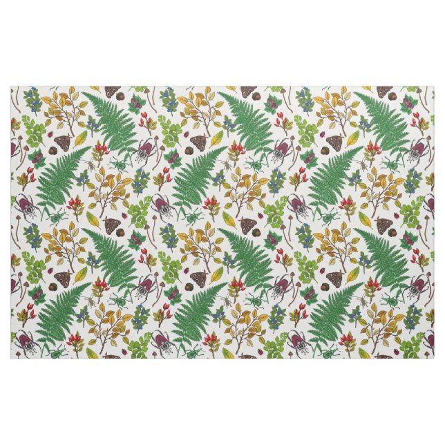 Forest berries, leaves and bugs on white fabric (Fat Quarter)