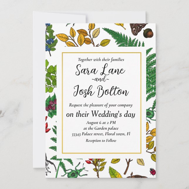 Forest berries, leaves and bugs on white invitation (Front)