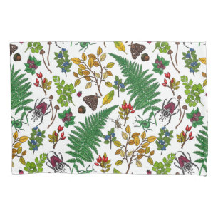 Forest berries, leaves and bugs on white pillowcase