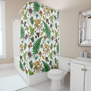 Forest berries, leaves and bugs on white shower curtain