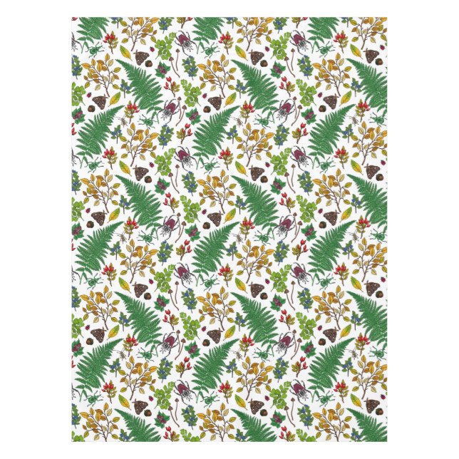 Forest berries, leaves and bugs on white tablecloth (Front)
