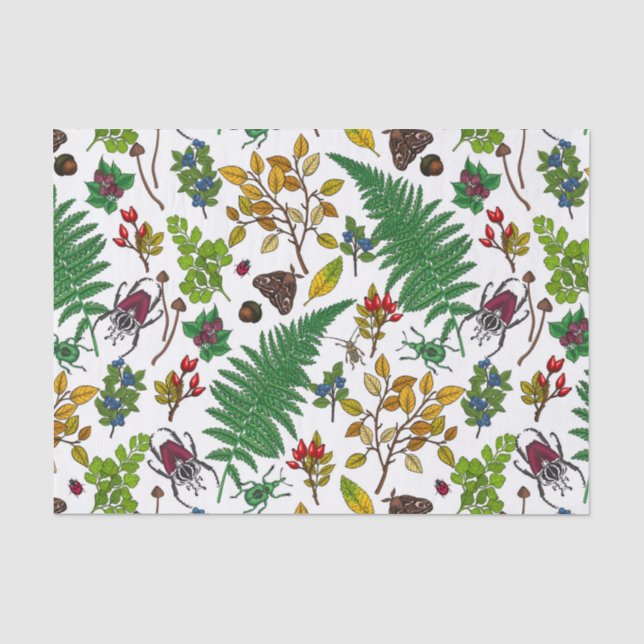 Forest berries, leaves and bugs on white tissue paper (Front)
