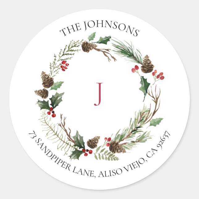 Forest Berry Pinecone Wreath Monogram Classic Round Sticker (Front)