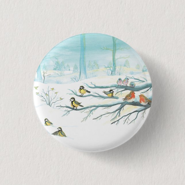 Forest birds in winter   3 cm round badge (Front)