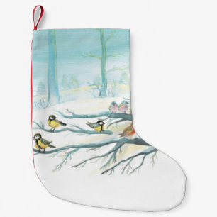 Forest birds in winter small christmas stocking