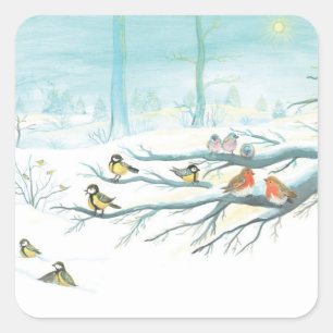 Forest birds in winter square sticker