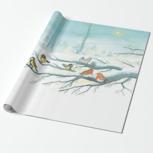 Forest birds in winter wrapping paper