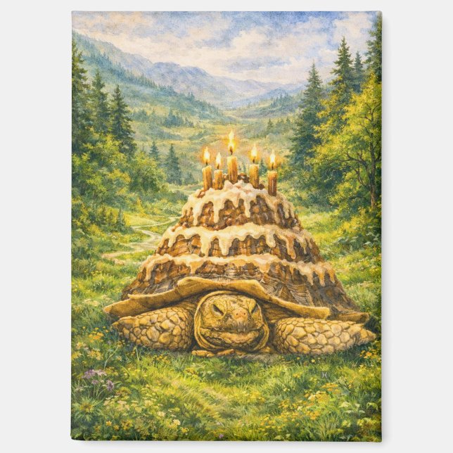 Forest Birthday Cake Sulcata Tortoise Watercolor Magnet (Front)
