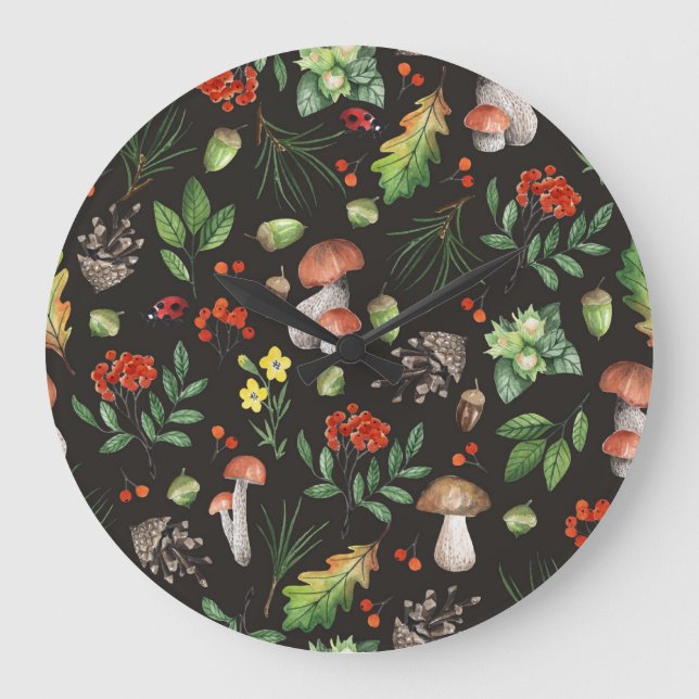 Forest Bounty: Watercolor Mushroom Pattern Large Clock (Front)