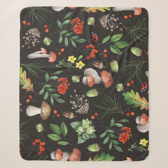 Forest Bounty: Watercolor Mushroom Pattern Sherpa Blanket (Front)