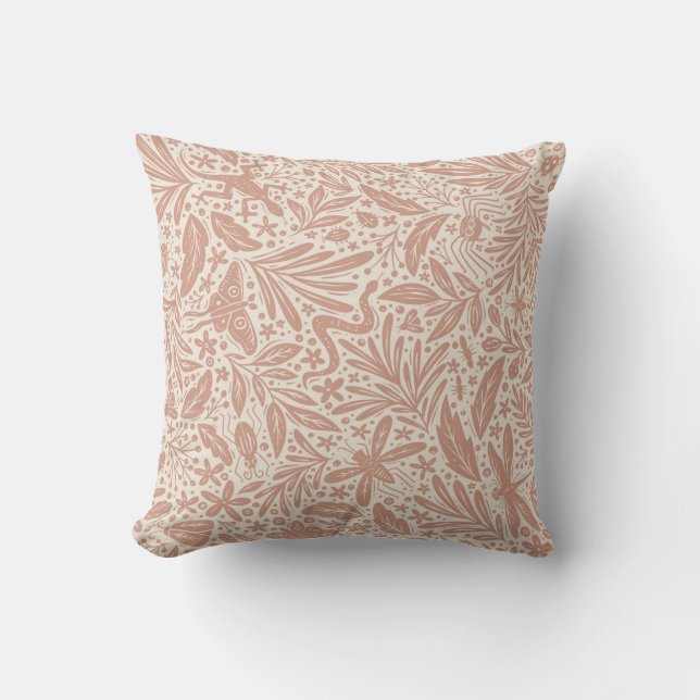 Forest Bugs - maximalist botanical pattern - blush Cushion (Front)