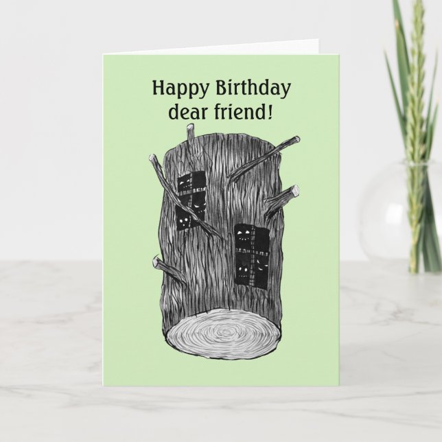 Forest Creatures In Tree Log Custom Text Birthday Card (Front)