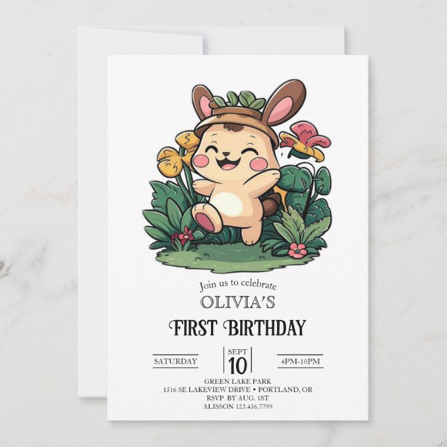 Forest Cute Bunny 1st Birthday Digital Invitation (Front)