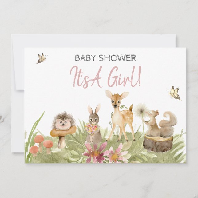 *~* Forest Cute Woodland Animal Girl Baby Shower Invitation (Front)