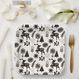 Forest Deer Folk Art Black and Gray Paper Plate