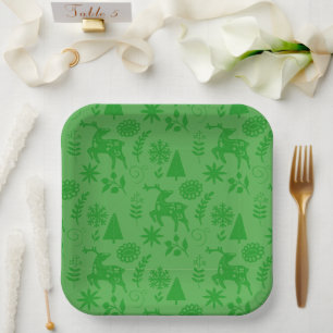 Forest Deer Folk Art Green Paper Plate