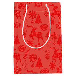 Forest Deer Folk Art Red Gift Bag