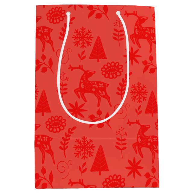 Forest Deer Folk Art Red Gift Bag (Front)