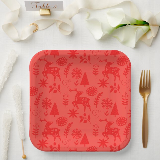Forest Deer Folk Art Red Paper Plate (Wedding)