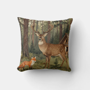 Forest Deer Fox Woodland Cabin Scene Cushion