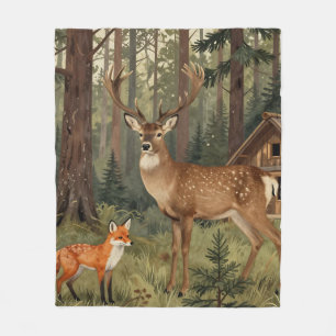 Forest Deer Fox Woodland Cabin Scene Fleece Blanket