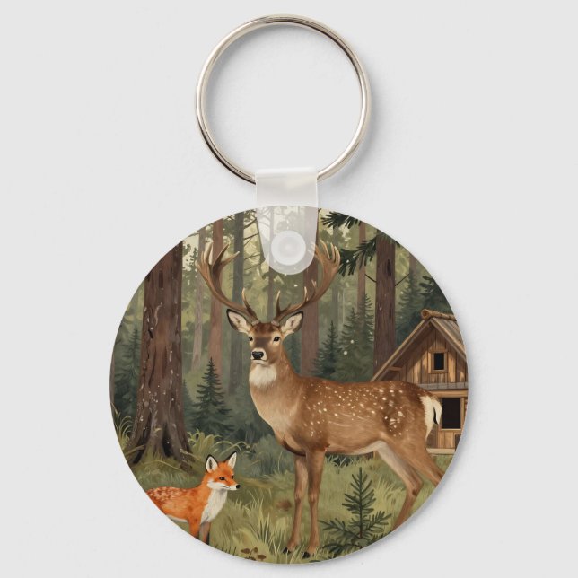 Forest Deer Fox Woodland Cabin Scene Key Ring (Front)