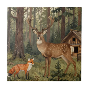 Forest Deer Fox Woodland Cabin Scene Tile