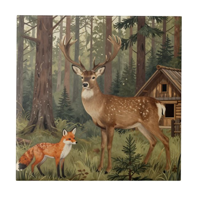 Forest Deer Fox Woodland Cabin Scene Tile (Front)