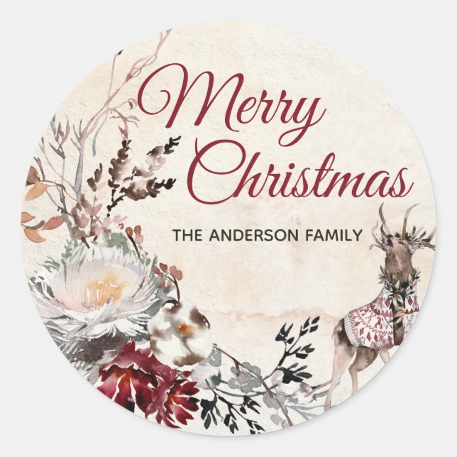 Forest Deer Merry Christmas with Name Classic Round Sticker (Front)