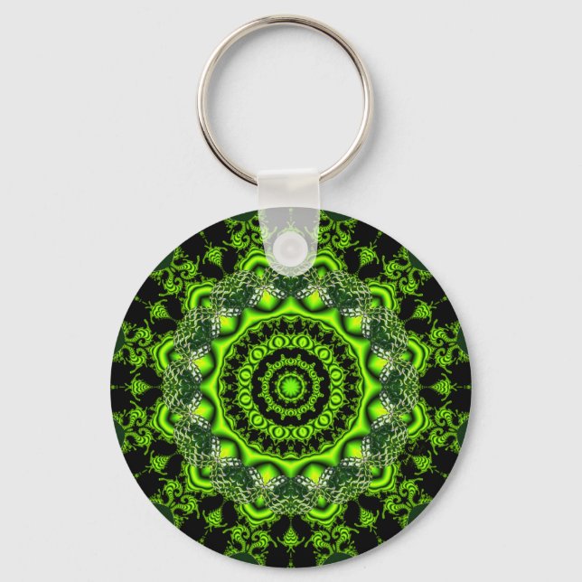 Forest Dome Mandala, Abstract Green Woods Key Ring (Front)