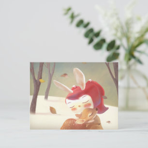 Forest Embrace: Bunny Girl Hugging Little Deer Announcement Postcard