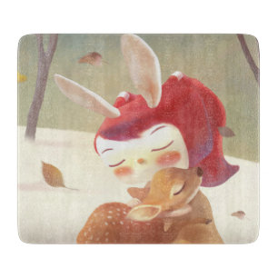 Forest Embrace: Bunny Girl Hugging Little Deer Cutting Board