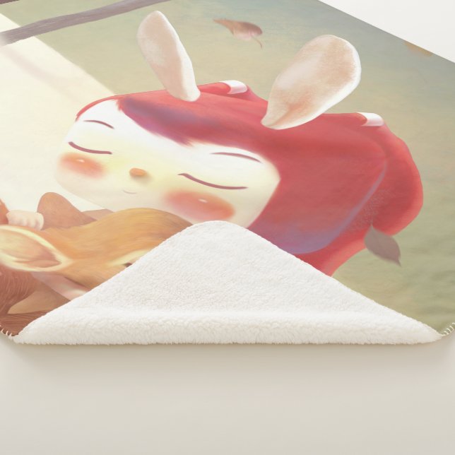 Forest Embrace: Bunny Girl Hugging Little Deer Sherpa Blanket (3/4)