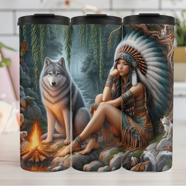 Forest Encounter: Woman, Wolf, Fire. Thermal Tumbler (Creator Uploaded)