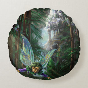Forest Fairies and Waterfall Castle Round Cushion