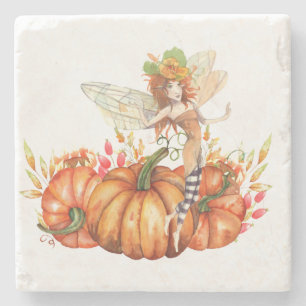 Forest Fairy & Autumn Pumpkin Bouquet Stone Coaster