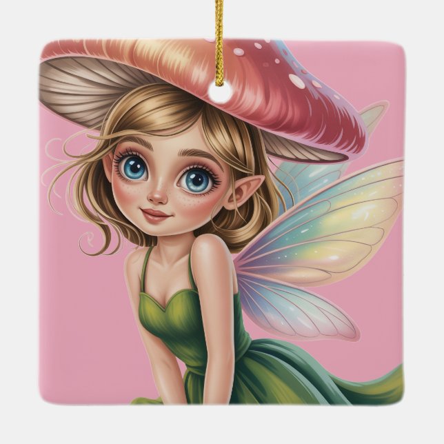 Forest Fairy with Mushroom Hat Illustration Ceramic Ornament (Back)