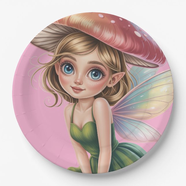 Forest Fairy with Mushroom Hat Illustration Paper Plate (Front)
