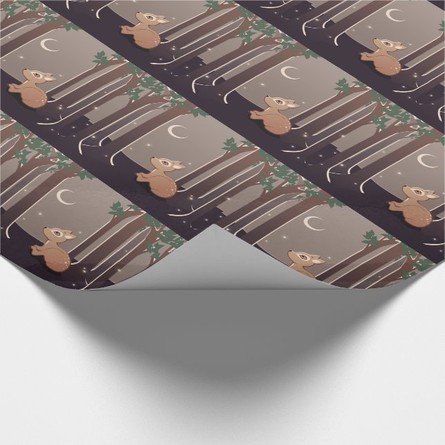 Forest Fawn With Fireflies And Moon Art Wrapping Paper (Corner)