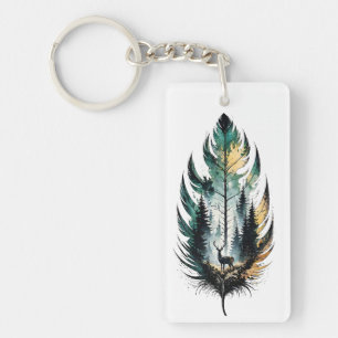Forest Feather Deer Watercolor Nature Art Key Ring