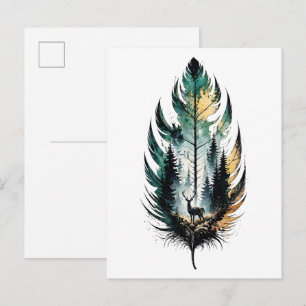Forest Feather Deer Watercolor Nature Art Postcard