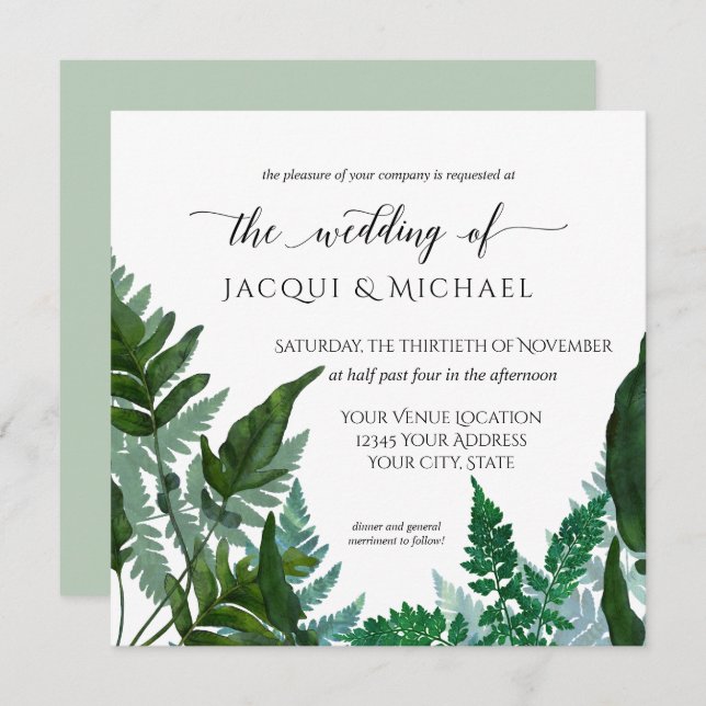 Forest Fern Foliage Watercolor Wedding | Square Invitation (Front/Back)